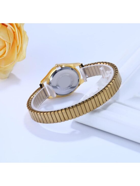 Women Gold And White Analog Quartz Big Dial Easy Reader Stretch Band Wrist Watch main image 4